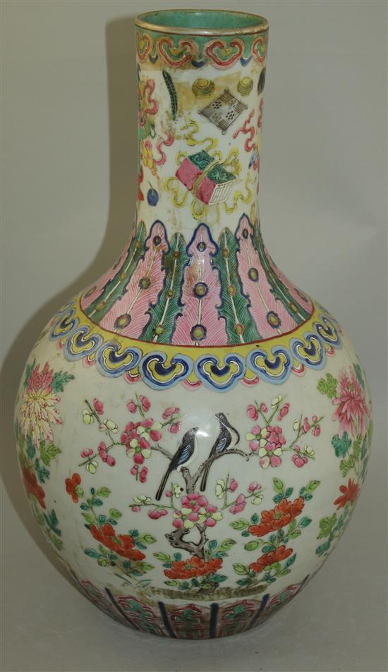 A large Chinese famille rose bottle vase, Daoguang period, 42.5cm, crack to body, lamp mount removed